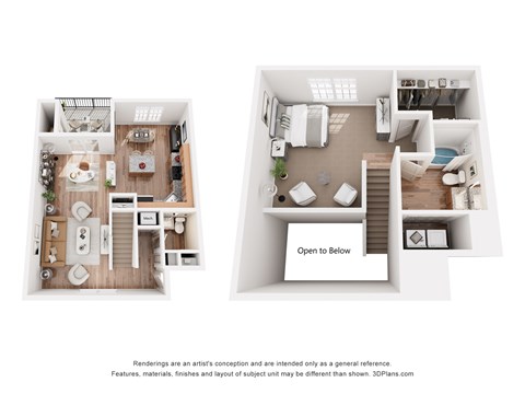 A 3D floor plan of a house with a kitchen, living room, and bathroom.